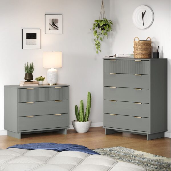 Manhattan Comfort 2-Piece Granville Modern Solid Wood Tall Chest and Standard Dresser Set in Light Grey