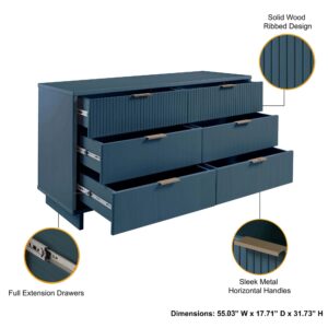 Manhattan Comfort 3-Piece Granville Modern Solid Wood Tall Narrow Chest, Double Dresser Set and Standard Dresser Set in Midnight Blue