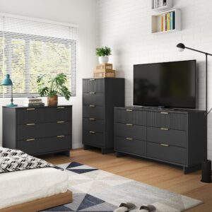 Manhattan Comfort 3-Piece Granville Modern Solid Wood Tall Narrow Chest, Double Dresser Set and Standard Dresser Set in Dark Grey