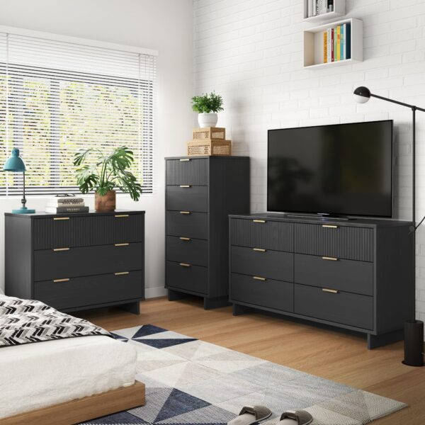 Manhattan Comfort 3-Piece Granville Modern Solid Wood Tall Narrow Chest, Double Dresser Set and Standard Dresser Set in Dark Grey