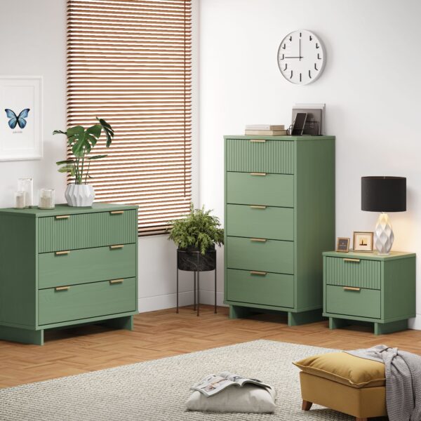 Manhattan Comfort 3-Piece Granville Modern Solid Wood Standard Dresser, Tall Narrow Chest and Nightstand Set in Sage Green