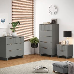 Manhattan Comfort 3-Piece Granville Modern Solid Wood Standard Dresser, Tall Narrow Chest and Nightstand Set in Light Grey