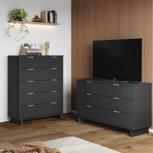 Manhattan Comfort 2-Piece Granville Modern Solid Wood Tall Chest and Double Dresser Set in Dark Grey