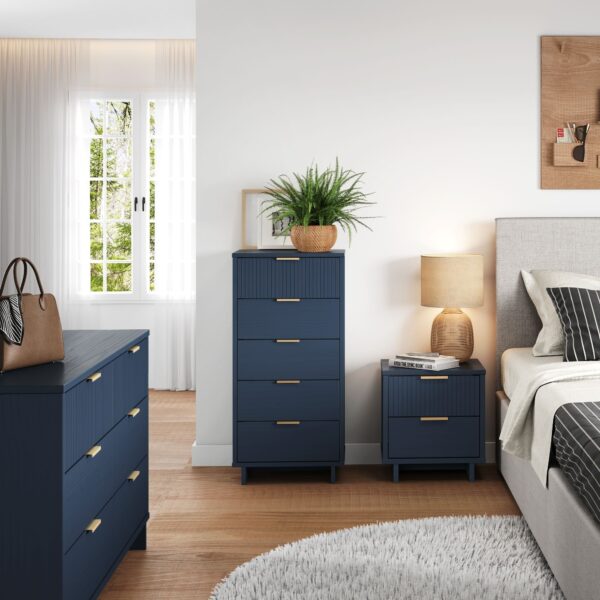 Manhattan Comfort 3-Piece Granville Modern Solid Wood Tall Narrow Chest, Double Dresser, and Nightstand Set in Midnight Blue