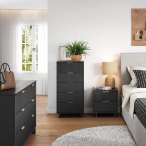 Manhattan Comfort 3-Piece Granville Modern Solid Wood Tall Narrow Chest, Double Dresser, and Nightstand Set in Dark Grey