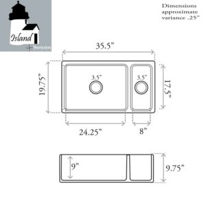 Nantucket Sinks ISFCGW35X19DBSO Island 35 1/2 Inch Double Bowl Fireclay Undermount and Apron Kitchen Sink - White