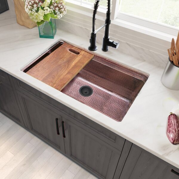 Nantucket Sinks KCH-PS-3220 Brightwork Collection 32 Inch Hand Hammerd Copper Prepstation Kitchen Sink with Acacia Wood Cutting Board