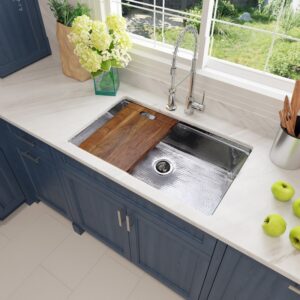 Nantucket Sinks KSSH-PS-3220 Brightwork Collection 32 Inch Hand Hammered Kitchen Sink with Acacia Wood Cutting Board