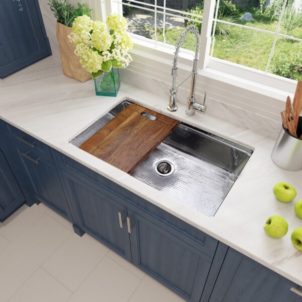 Nantucket Sinks KSSH-PS-3220 Brightwork Collection 32 Inch Hand Hammered Kitchen Sink with Acacia Wood Cutting Board