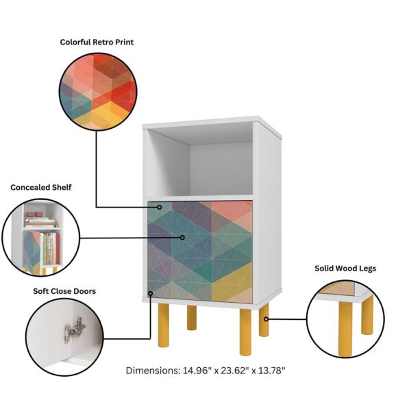 Manhattan Comfort Mid-Century Modern Retro Nightstand with 2 Shelves in White and Multi Color Red, Yellow, Blue Print