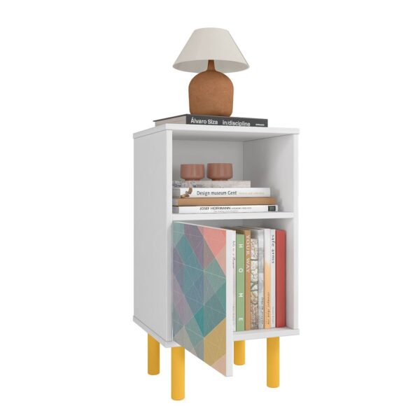 Manhattan Comfort Mid-Century Modern Retro Nightstand with 2 Shelves in White and Multi Color Red, Yellow, Blue Print