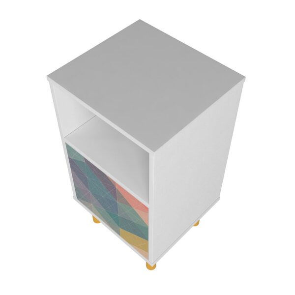 Manhattan Comfort Mid-Century Modern Retro Nightstand with 2 Shelves in White and Multi Color Red, Yellow, Blue Print