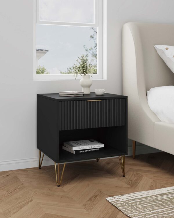 Manhattan Comfort DUMBO 1.0 Modern Nightstand with 1 Drawer and Metal Feet in Black