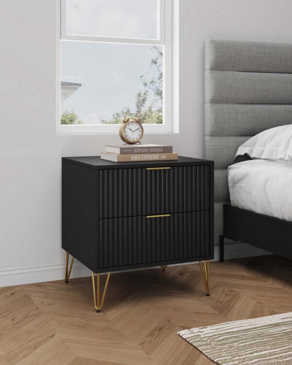 Manhattan Comfort DUMBO 2.0 Modern Nightstand with 2 Drawer and Metal Feet in Black