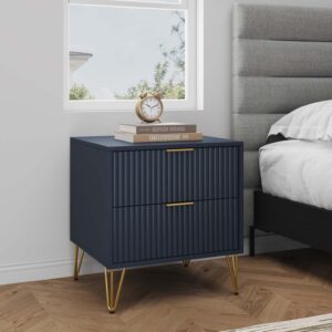 Manhattan Comfort DUMBO 2.0 Modern Nightstand with 2 Drawer and Metal Feet in Midnight Blue