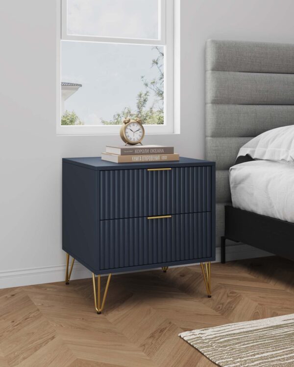 Manhattan Comfort DUMBO 2.0 Modern Nightstand with 2 Drawer and Metal Feet in Midnight Blue