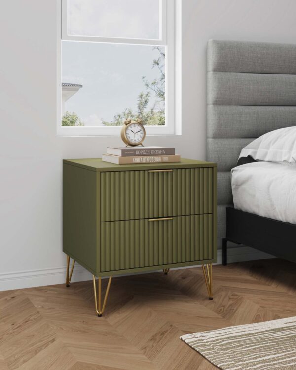 Manhattan Comfort DUMBO 2.0 Modern Nightstand with 2 Drawer and Metal Feet in Olive Green