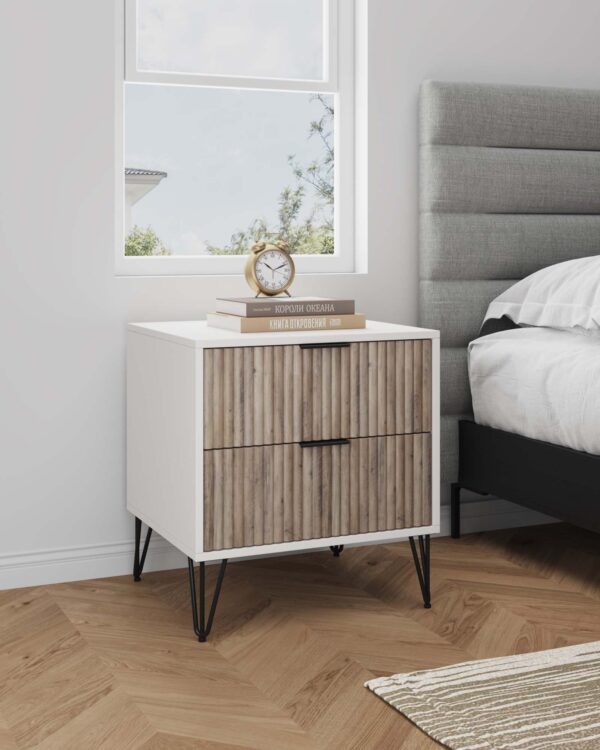 Manhattan Comfort DUMBO 2.0 Modern Nightstand with 2 Drawer and Metal Feet in White and Rustic Grey