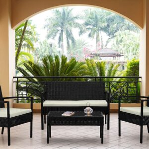 Manhattan Comfort Noli Steel Rattan 4-Piece Patio Conversation Set with Cushions in Cream