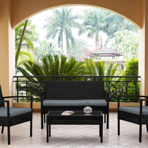 Manhattan Comfort Noli Steel Rattan 4-Piece Patio Conversation Set with Cushions in Grey