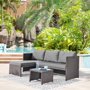 Manhattan Comfort Menton Steel Rattan 2-Piece Chair Lounge and 2 Seater with Coffee Table Patio Set in Grey