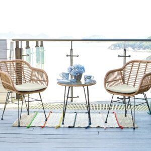 Manhattan Comfort Antibes 1.0 Steel Rattan 3-Piece Patio Conversation Set with Cushions in Cream