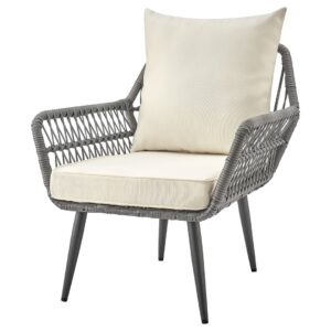 Manhattan Comfort Cannes Rope Wicker 3-Piece Patio Conversation Set with Cushions in Cream