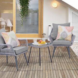 Manhattan Comfort Cannes Rope Wicker 3-Piece Patio Conversation Set with Cushions in Grey