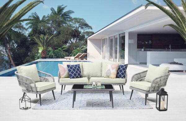 Manhattan Comfort Riviera Rope Wicker 4-Piece 5 Seater Patio Conversation Set with Cushions in Cream