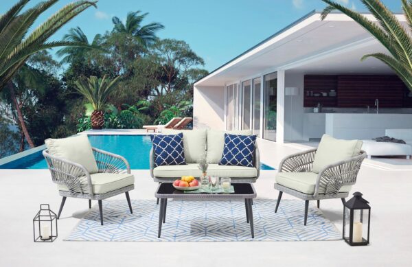 Manhattan Comfort Riviera Rope Wicker 4-Piece 4 Seater Patio Conversation Set with Cushions in Cream