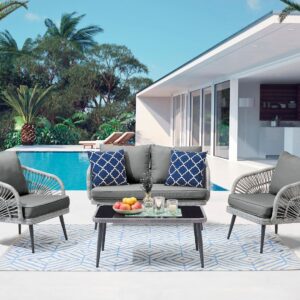 Manhattan Comfort Riviera Rope Wicker 4-Piece 4 Seater Patio Conversation Set with Cushions in Cream