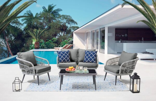 Manhattan Comfort Riviera Rope Wicker 4-Piece 4 Seater Patio Conversation Set with Cushions in Cream