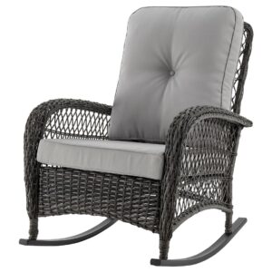 Manhattan Comfort Furttuo Steel Rattan Outdoor Rocking Chair with Cushions in Grey