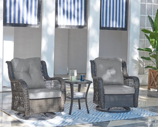 Manhattan Comfort Fruttuo Swivel Steel Rattan 3-Piece Patio Conversation Set with Cushions in Grey