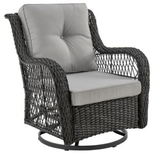 Manhattan Comfort Fruttuo Swivel Steel Rattan 3-Piece Patio Conversation Set with Cushions in Grey