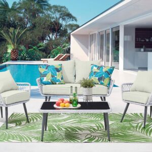 Manhattan Comfort Portofino Rope Wicker 4-Piece Patio Conversation Set with Cushions in Cream