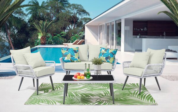 Manhattan Comfort Portofino Rope Wicker 4-Piece Patio Conversation Set with Cushions in Cream