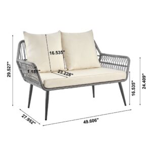 Manhattan Comfort Portofino Rope Wicker 4-Piece Patio Conversation Set with Cushions in Cream