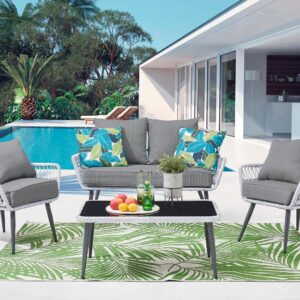 Manhattan Comfort Portofino Rope Wicker 4-Piece Patio Conversation Set with Cushions in Grey