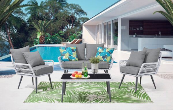 Manhattan Comfort Portofino Rope Wicker 4-Piece Patio Conversation Set with Cushions in Grey