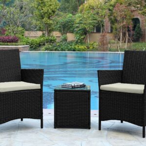 Manhattan Comfort Imperia Steel Rattan 3-Piece Patio Conversation Set with Cushions in Cream