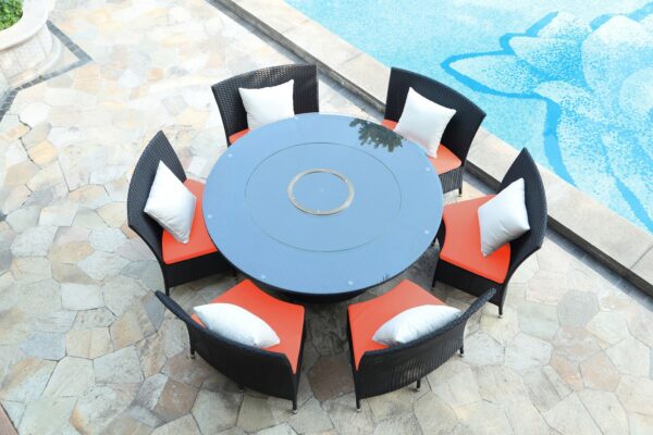 Manhattan Comfort Nightingdale Black 7-Piece Rattan Outdoor Dining Set with Orange and White Cushions