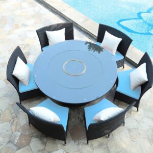 Manhattan Comfort Nightingdale Black 7-Piece Rattan Outdoor Dining Set with Sky Blue and White Cushions