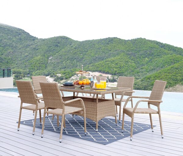 Manhattan Comfort Genoa 7-Piece Steel Rectangle Glass Top Outdoor Dining Table and 6 Armchairs without cushions in Nature Tan Weave