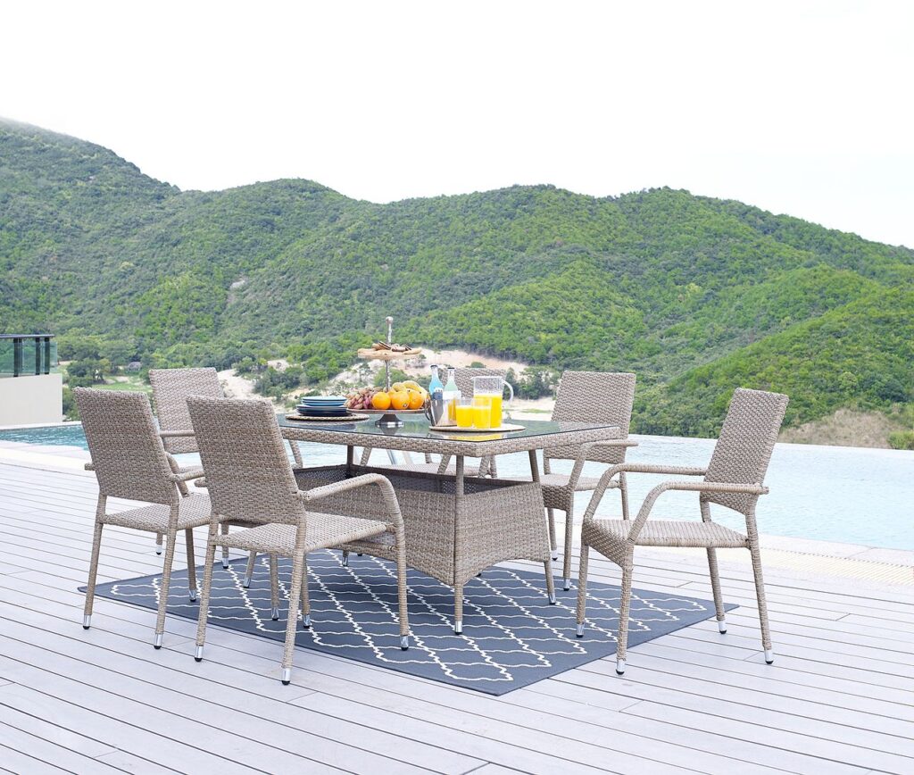 Manhattan Comfort Genoa Patio Dining Table with Glass Top in Nature Tan Weave