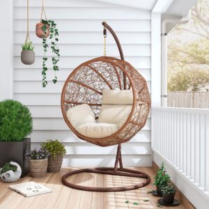 Manhattan Comfort Zolo Metal and Rattan Hanging Lounge Egg Patio Swing with Cream Cushion