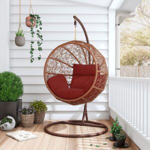 Manhattan Comfort Zolo Metal and Rattan Hanging Lounge Egg Patio Swing with Red Cushion