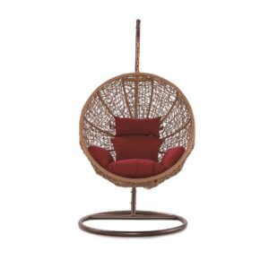 Manhattan Comfort Zolo Metal and Rattan Hanging Lounge Egg Patio Swing with Red Cushion