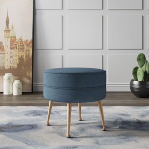 Manhattan Comfort Bailey Mid-Century Modern Woven Polyester Blend Upholstered Ottoman in Blue with Gold Feet