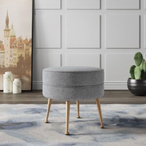 Manhattan Comfort Bailey Mid-Century Modern Woven Polyester Blend Upholstered Ottoman in Grey with Gold Feet